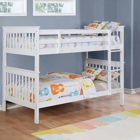 White Wood Slat Twin over Twin Bunk Bed Frame with Headboard