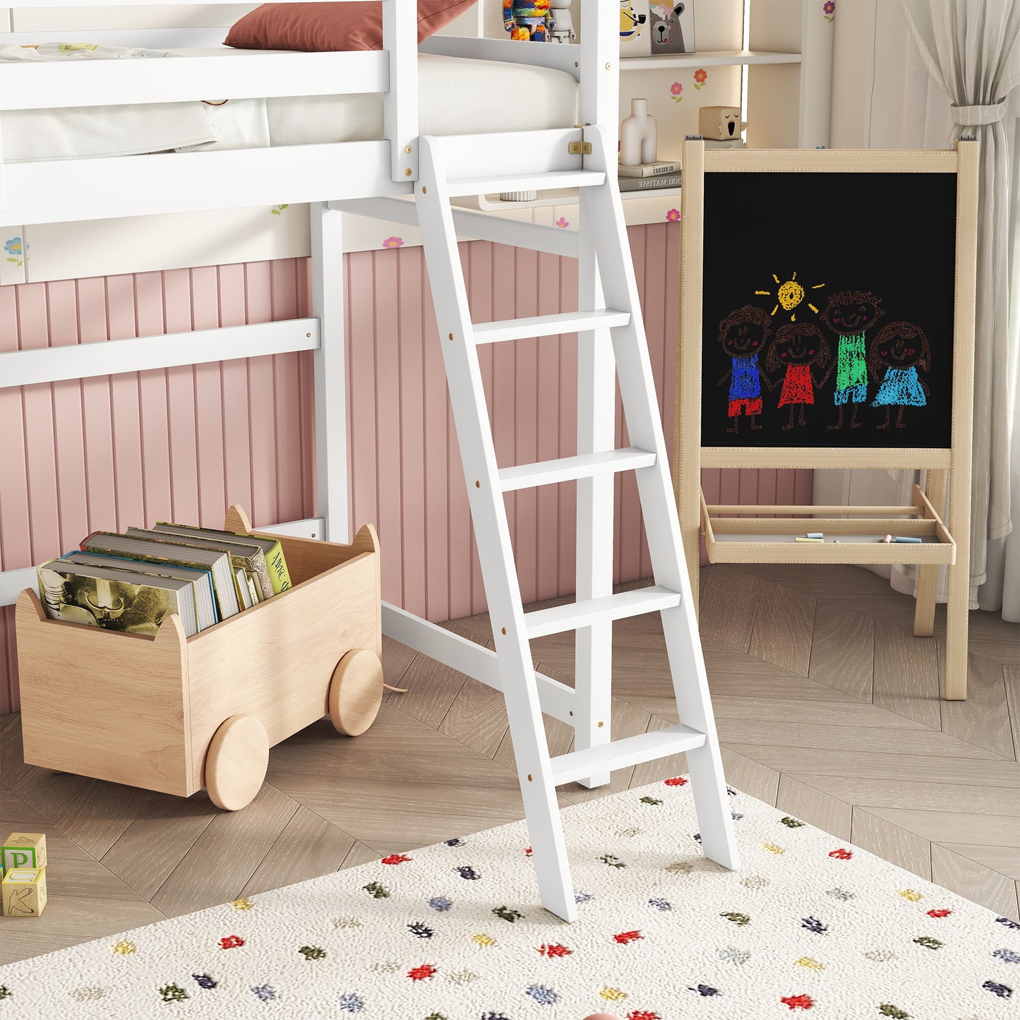 Twin Size High Loft Bed with inclined Ladder, Guardrails