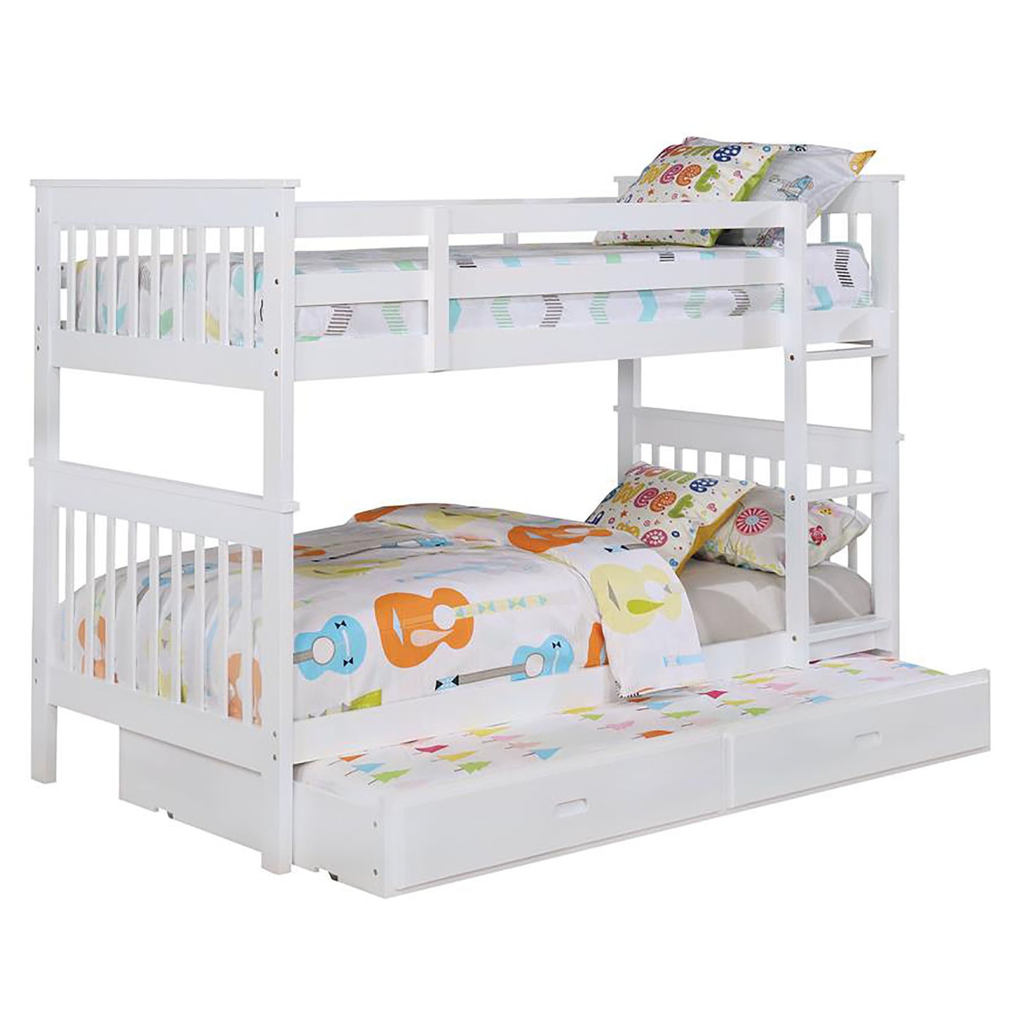 White Wood Slat Twin over Twin Bunk Bed Frame with Headboard