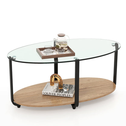 2-Tier Oval Glass Coffee Table with Wooden Shelf - Sturdy Iron Frame